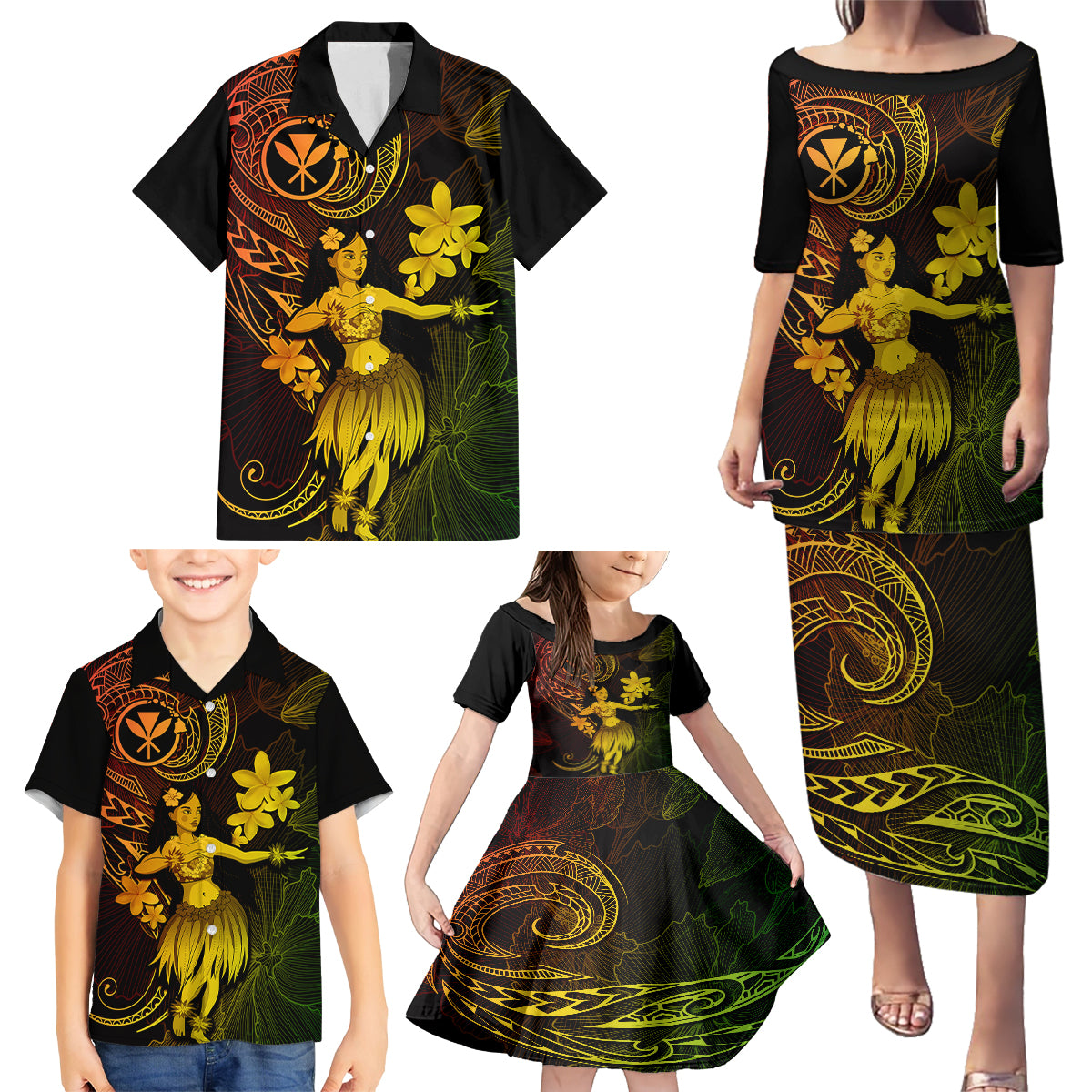 Hawaii Family Matching Puletasi Dress and Hawaiian Shirt Hula Girl Mix Polynesian Plumeria Reggae Version LT14 - Polynesian Pride
