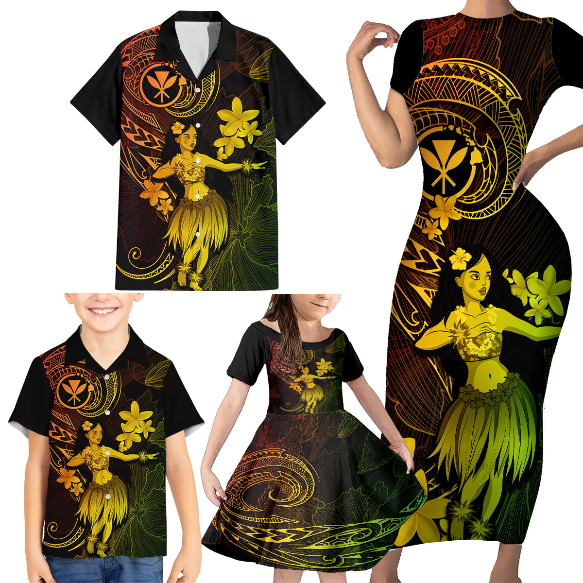 Hawaii Family Matching Short Sleeve Bodycon Dress and Hawaiian Shirt Hula Girl Mix Polynesian Plumeria Reggae Version LT14 - Polynesian Pride