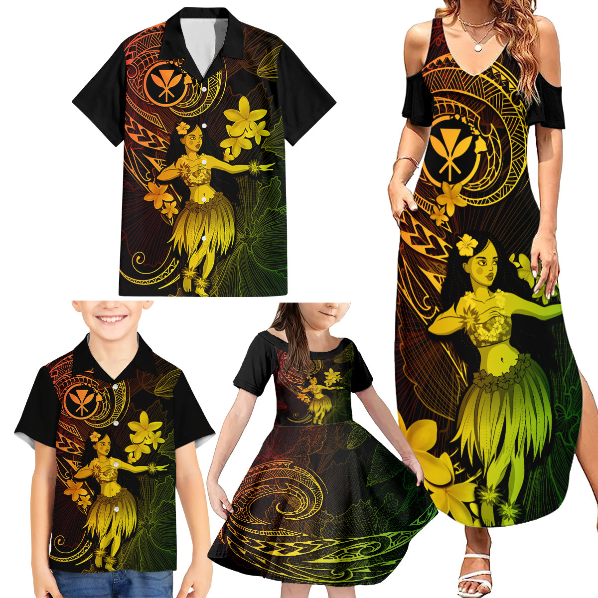 Hawaii Family Matching Summer Maxi Dress and Hawaiian Shirt Hula Girl Mix Polynesian Plumeria Reggae Version LT14 - Polynesian Pride