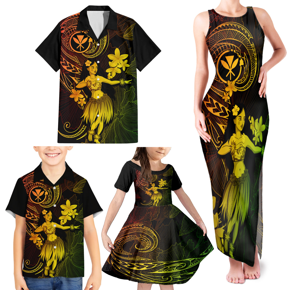 Hawaii Family Matching Tank Maxi Dress and Hawaiian Shirt Hula Girl Mix Polynesian Plumeria Reggae Version LT14 - Polynesian Pride