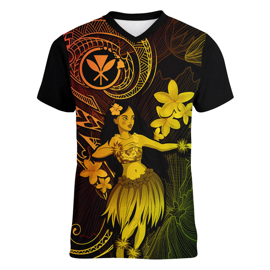 Hawaii Women V Neck T Shirt Hula Girl Mix Polynesian Plumeria Reggae Version LT14 Female Reggae - Polynesian Pride