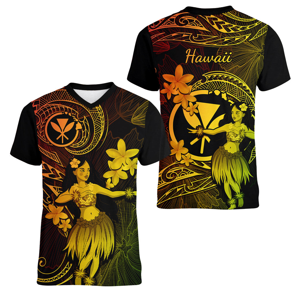 Hawaii Women V Neck T Shirt Hula Girl Mix Polynesian Plumeria Reggae Version LT14 - Polynesian Pride