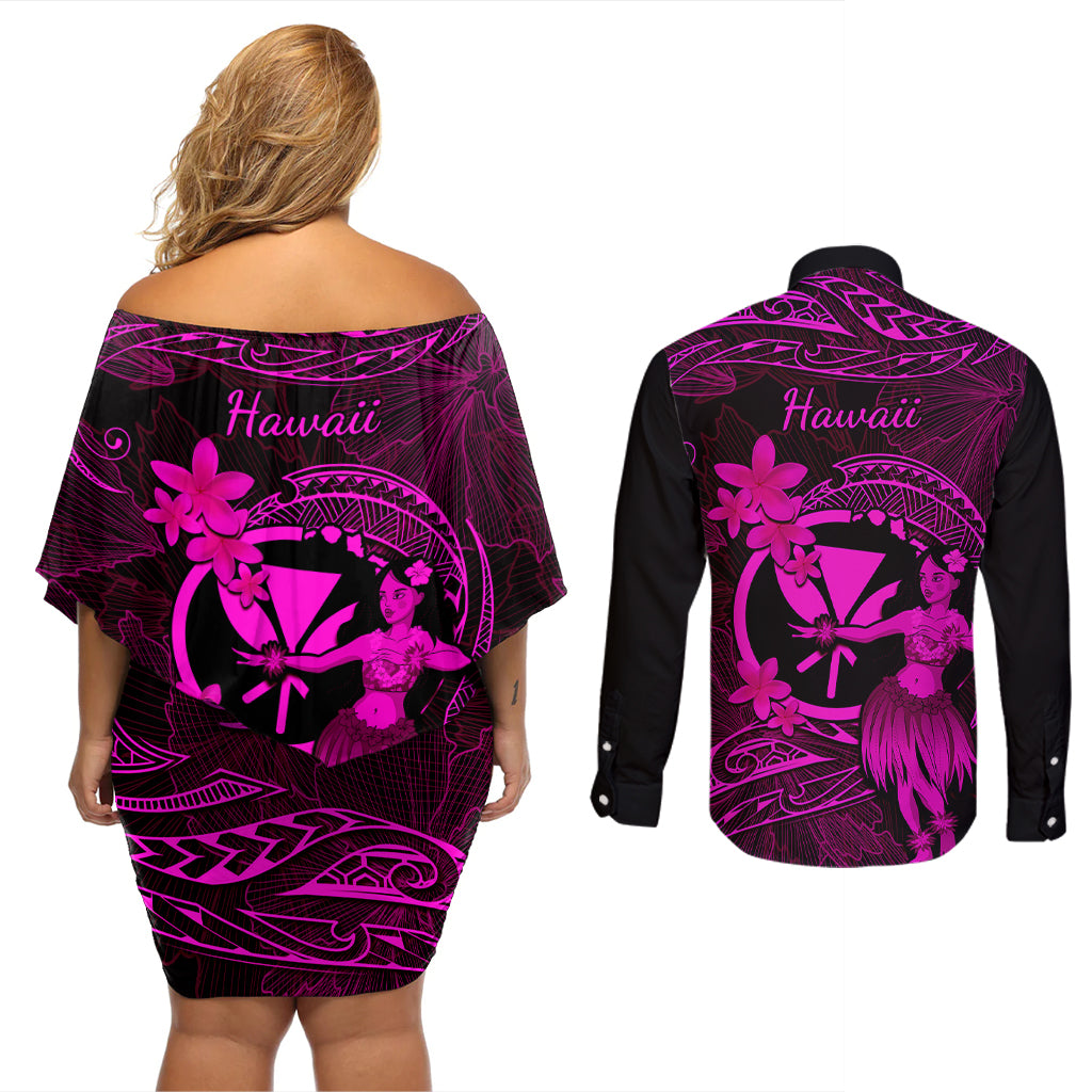 Hawaii Couples Matching Off Shoulder Short Dress and Long Sleeve Button Shirts Hula Girl Mix Polynesian Plumeria Pink Version LT14 - Polynesian Pride