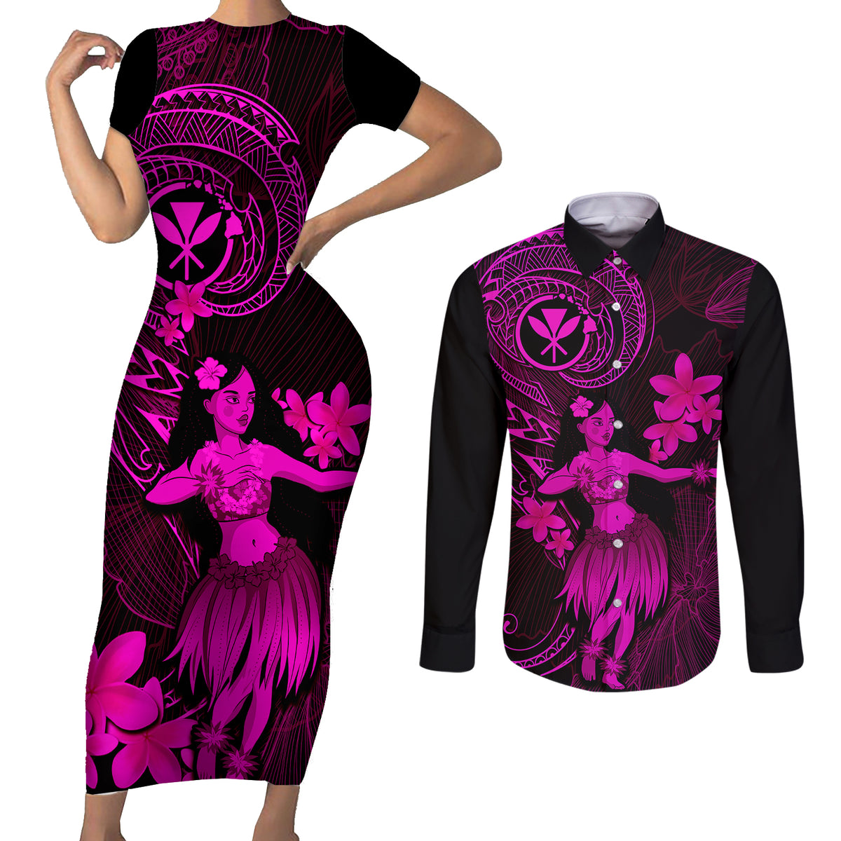 Hawaii Couples Matching Short Sleeve Bodycon Dress and Long Sleeve Button Shirts Hula Girl Mix Polynesian Plumeria Pink Version LT14 Pink - Polynesian Pride