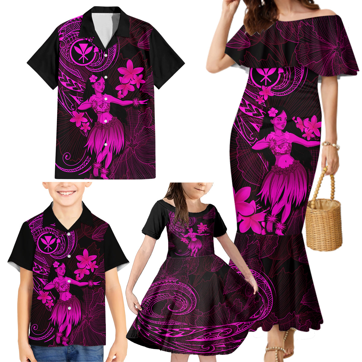 Hawaii Family Matching Mermaid Dress and Hawaiian Shirt Hula Girl Mix Polynesian Plumeria Pink Version LT14 - Polynesian Pride