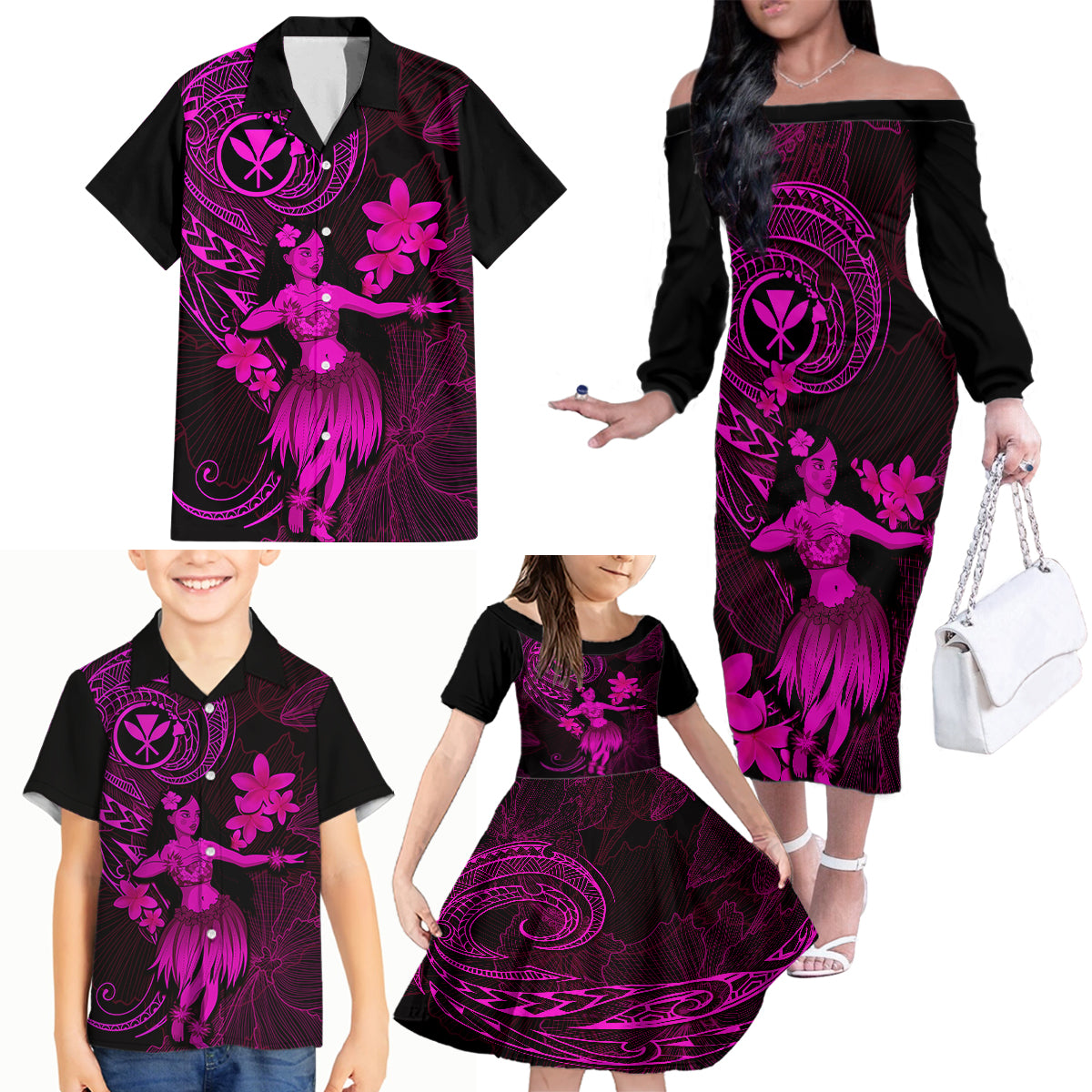 Hawaii Family Matching Off Shoulder Long Sleeve Dress and Hawaiian Shirt Hula Girl Mix Polynesian Plumeria Pink Version LT14 - Polynesian Pride