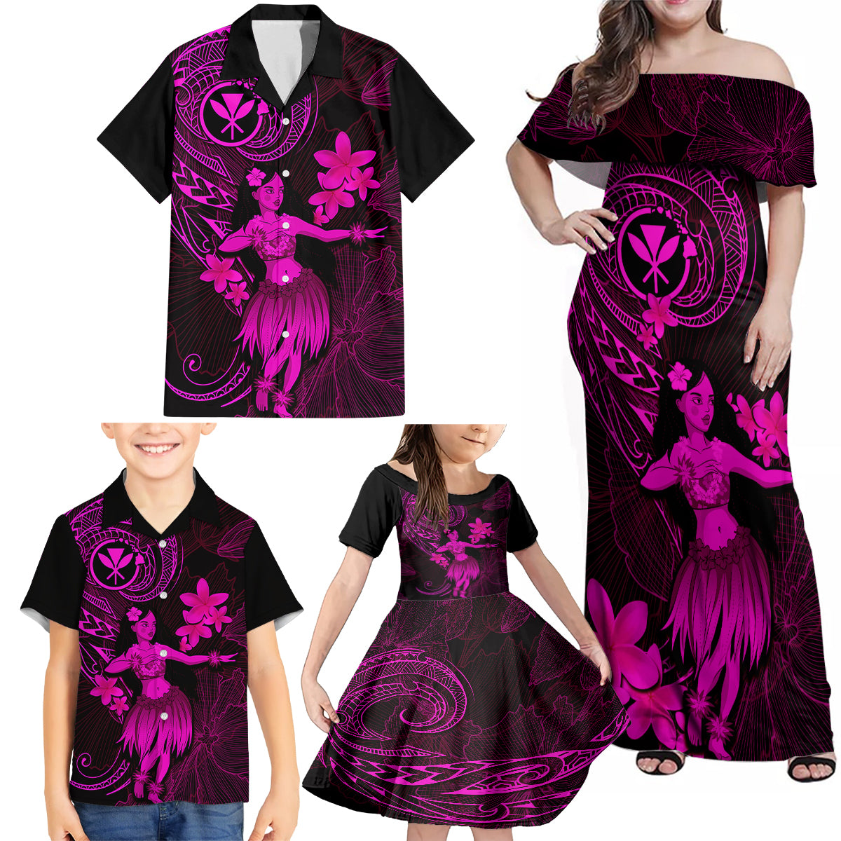 Hawaii Family Matching Off Shoulder Maxi Dress and Hawaiian Shirt Hula Girl Mix Polynesian Plumeria Pink Version LT14 - Polynesian Pride