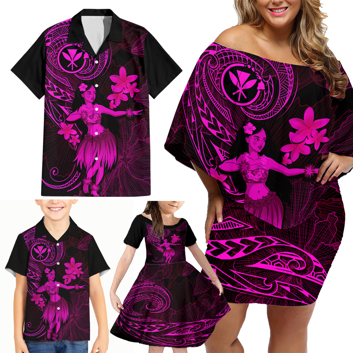 Hawaii Family Matching Off Shoulder Short Dress and Hawaiian Shirt Hula Girl Mix Polynesian Plumeria Pink Version LT14 - Polynesian Pride