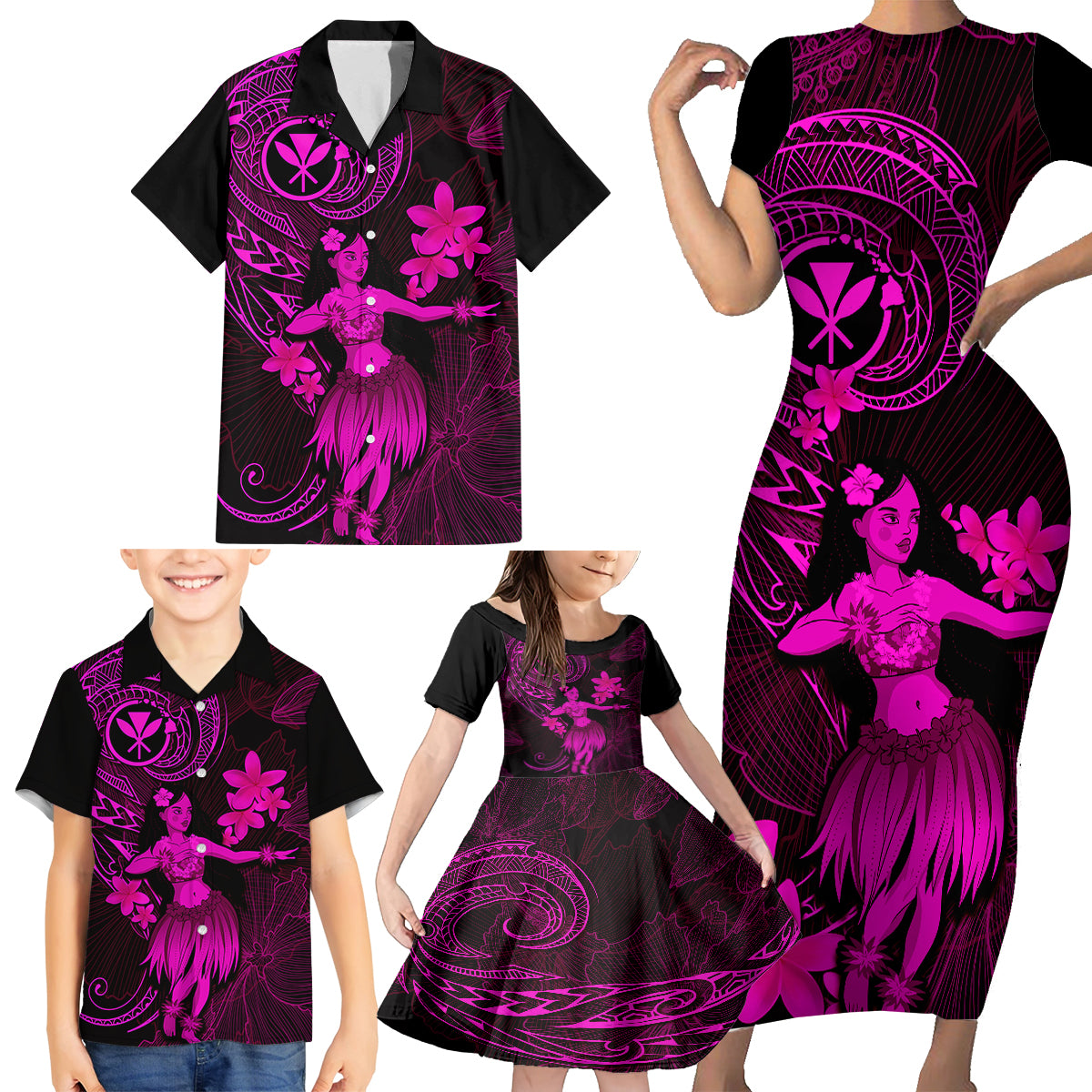 Hawaii Family Matching Short Sleeve Bodycon Dress and Hawaiian Shirt Hula Girl Mix Polynesian Plumeria Pink Version LT14 - Polynesian Pride