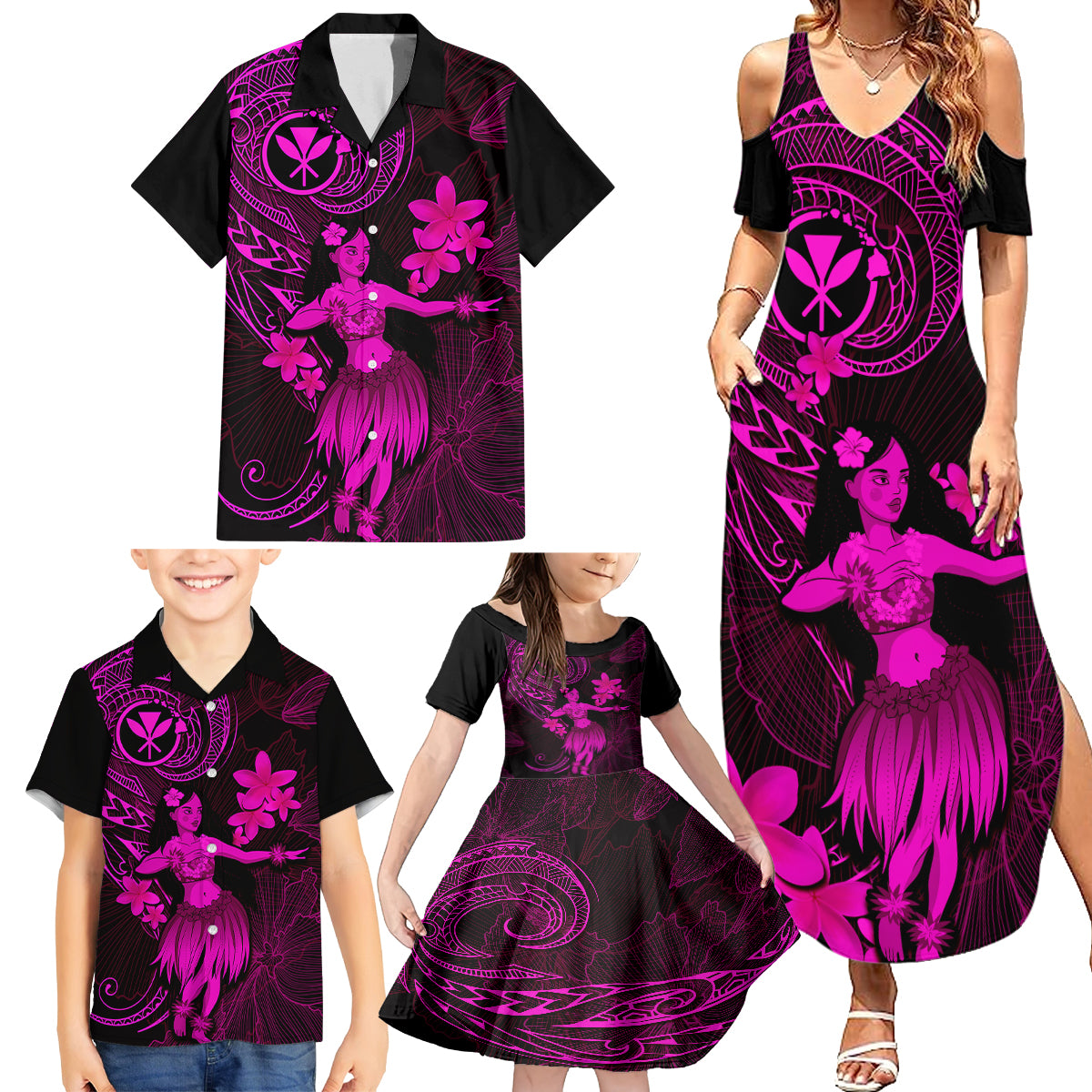 Hawaii Family Matching Summer Maxi Dress and Hawaiian Shirt Hula Girl Mix Polynesian Plumeria Pink Version LT14 - Polynesian Pride