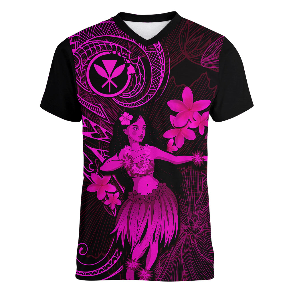 Hawaii Women V Neck T Shirt Hula Girl Mix Polynesian Plumeria Pink Version LT14 Female Pink - Polynesian Pride