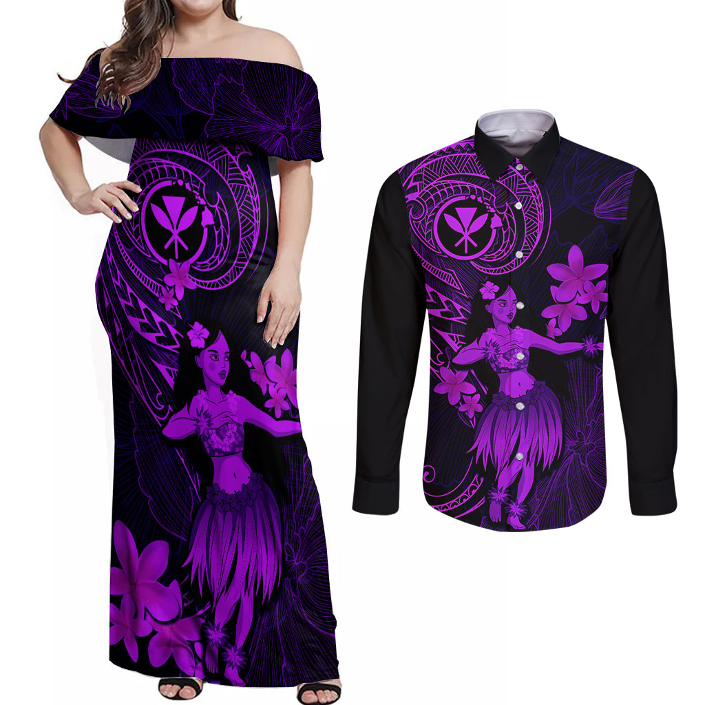 Hawaii Couples Matching Off Shoulder Maxi Dress and Long Sleeve Button Shirts Hula Girl Mix Polynesian Plumeria Purple Version LT14 Purple - Polynesian Pride