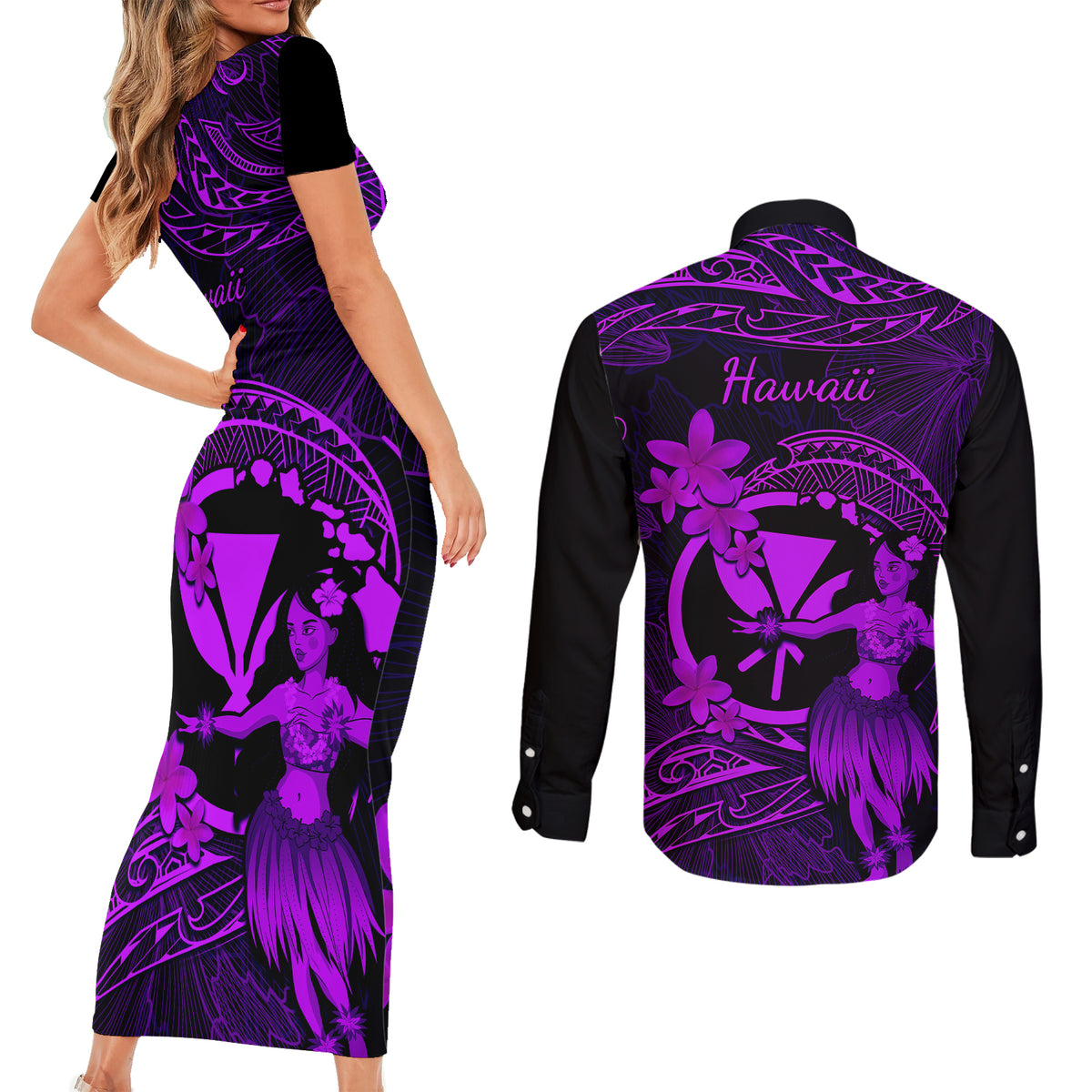 Hawaii Couples Matching Short Sleeve Bodycon Dress and Long Sleeve Button Shirts Hula Girl Mix Polynesian Plumeria Purple Version LT14 - Polynesian Pride