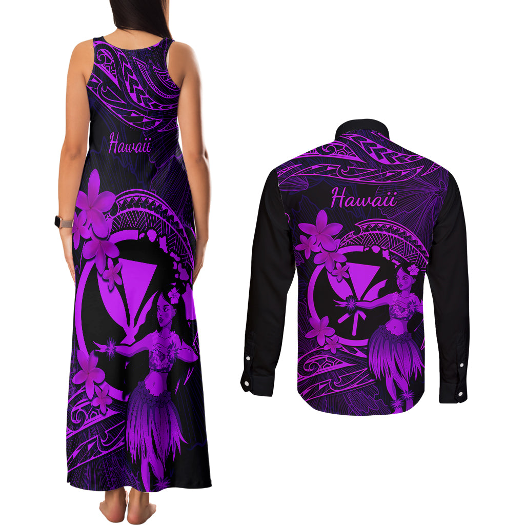 Hawaii Couples Matching Tank Maxi Dress and Long Sleeve Button Shirts Hula Girl Mix Polynesian Plumeria Purple Version LT14 - Polynesian Pride