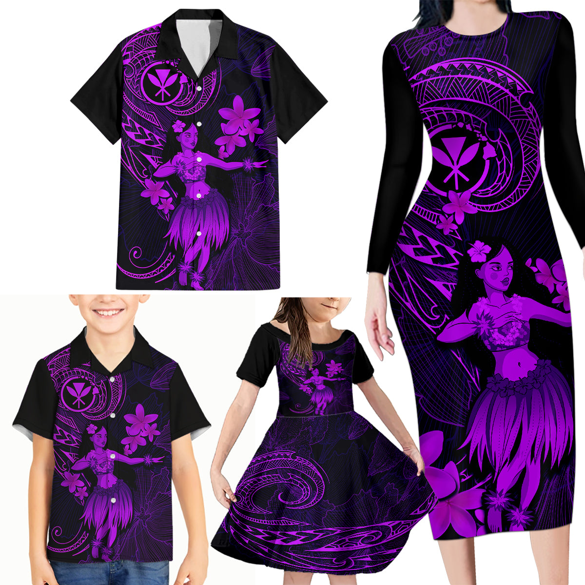 Hawaii Family Matching Long Sleeve Bodycon Dress and Hawaiian Shirt Hula Girl Mix Polynesian Plumeria Purple Version LT14 - Polynesian Pride