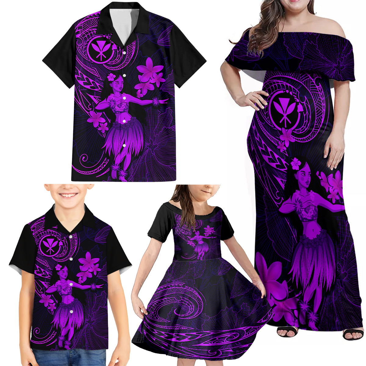 Hawaii Family Matching Off Shoulder Maxi Dress and Hawaiian Shirt Hula Girl Mix Polynesian Plumeria Purple Version LT14 - Polynesian Pride
