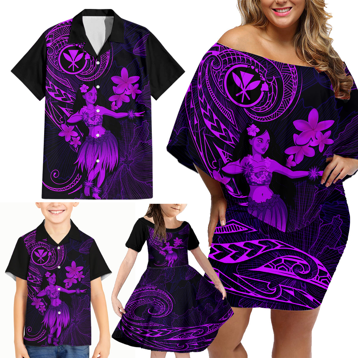 Hawaii Family Matching Off Shoulder Short Dress and Hawaiian Shirt Hula Girl Mix Polynesian Plumeria Purple Version LT14 - Polynesian Pride