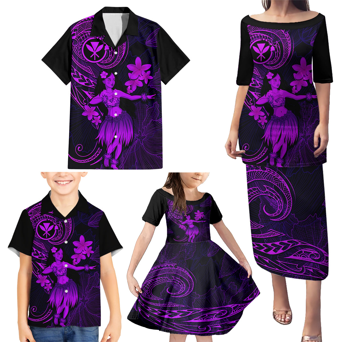 Hawaii Family Matching Puletasi Dress and Hawaiian Shirt Hula Girl Mix Polynesian Plumeria Purple Version LT14 - Polynesian Pride