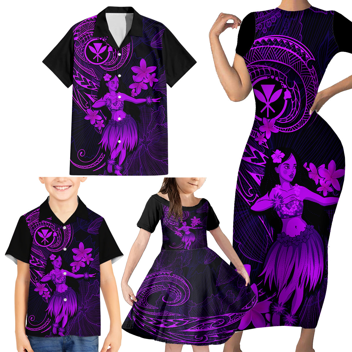 Hawaii Family Matching Short Sleeve Bodycon Dress and Hawaiian Shirt Hula Girl Mix Polynesian Plumeria Purple Version LT14 - Polynesian Pride