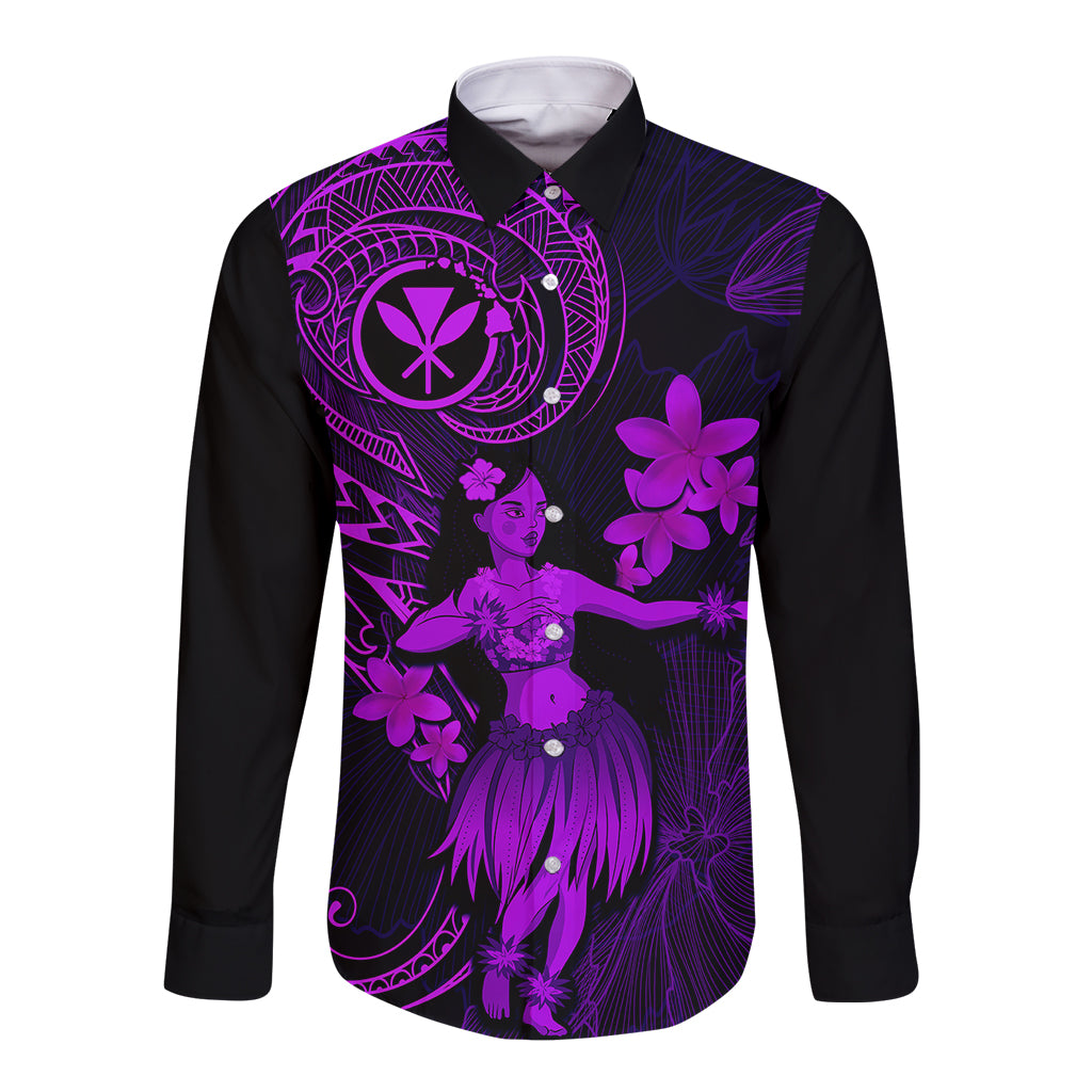 Hawaii Long Sleeve Button Shirt Hula Girl Mix Polynesian Plumeria Purple Version LT14 Unisex Purple - Polynesian Pride