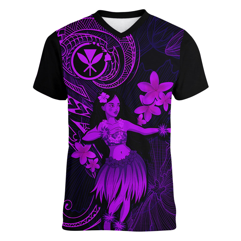 Hawaii Women V Neck T Shirt Hula Girl Mix Polynesian Plumeria Purple Version LT14 Female Purple - Polynesian Pride