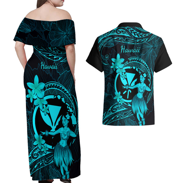 Polynesia Couples Matching Off Shoulder Maxi Dress and Hawaiian Shirt Plumeria White Curves LT7