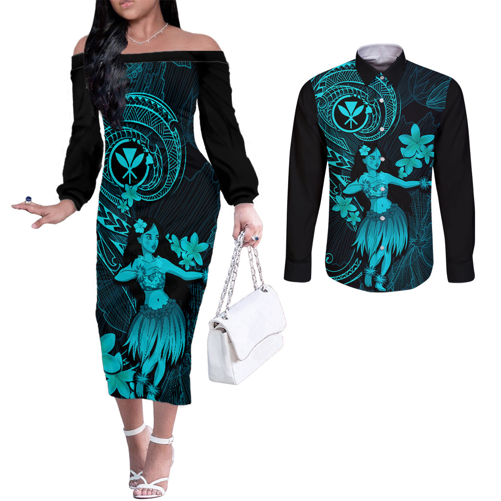 Hawaii Couples Matching Off The Shoulder Long Sleeve Dress and Long Sleeve Button Shirts Hula Girl Mix Polynesian Plumeria Turquoise Version LT14 Turquoise - Polynesian Pride