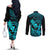 Hawaii Couples Matching Off The Shoulder Long Sleeve Dress and Long Sleeve Button Shirts Hula Girl Mix Polynesian Plumeria Turquoise Version LT14 - Polynesian Pride