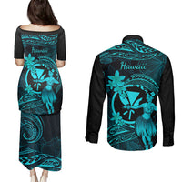 Hawaii Couples Matching Puletasi Dress and Long Sleeve Button Shirts Hula Girl Mix Polynesian Plumeria Turquoise Version LT14 - Polynesian Pride