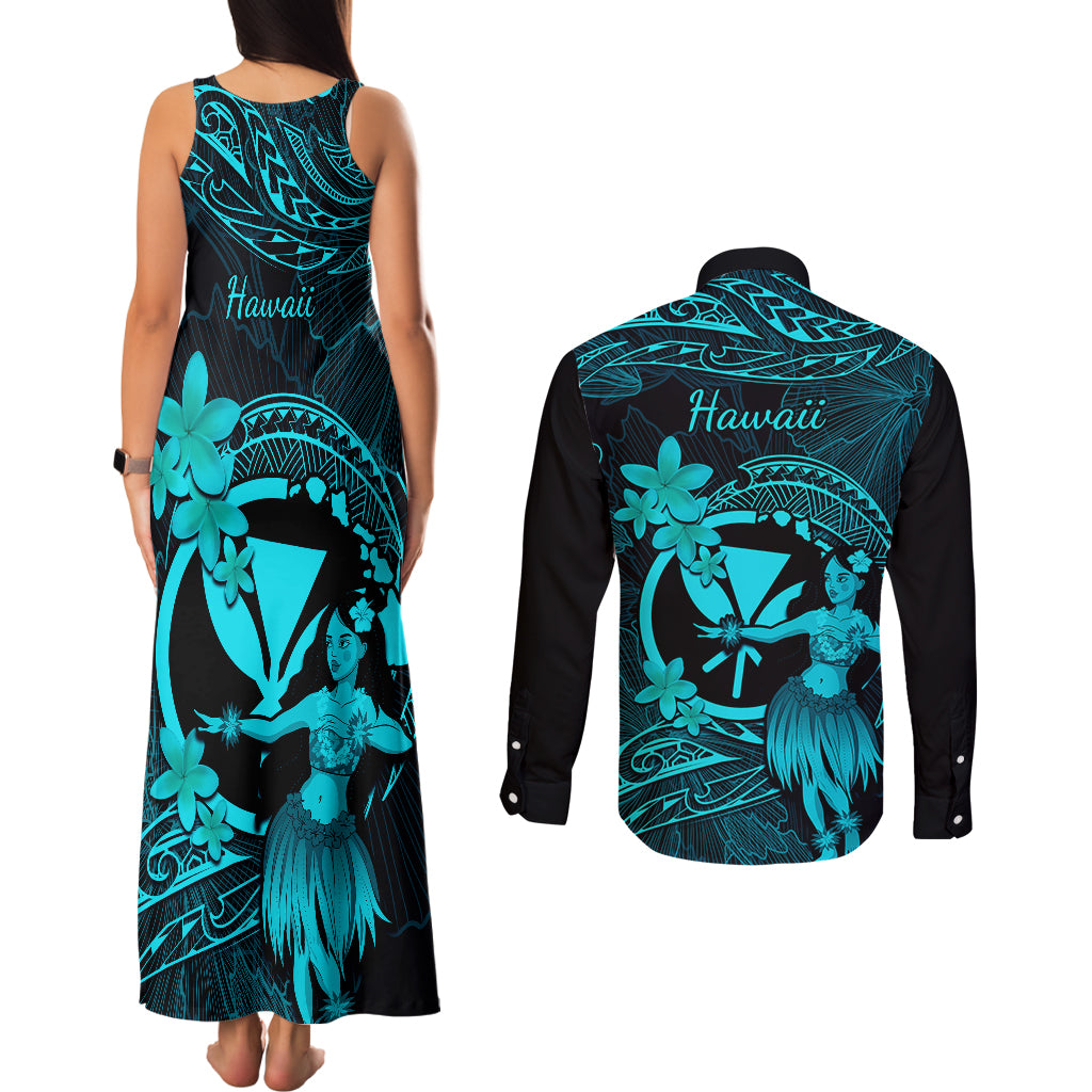 Hawaii Couples Matching Tank Maxi Dress and Long Sleeve Button Shirts Hula Girl Mix Polynesian Plumeria Turquoise Version LT14 - Polynesian Pride