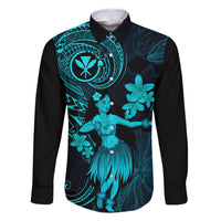 Hawaii Family Matching Long Sleeve Bodycon Dress and Hawaiian Shirt Hula Girl Mix Polynesian Plumeria Turquoise Version LT14 Dad's Shirt - Long Sleeve Turquoise - Polynesian Pride