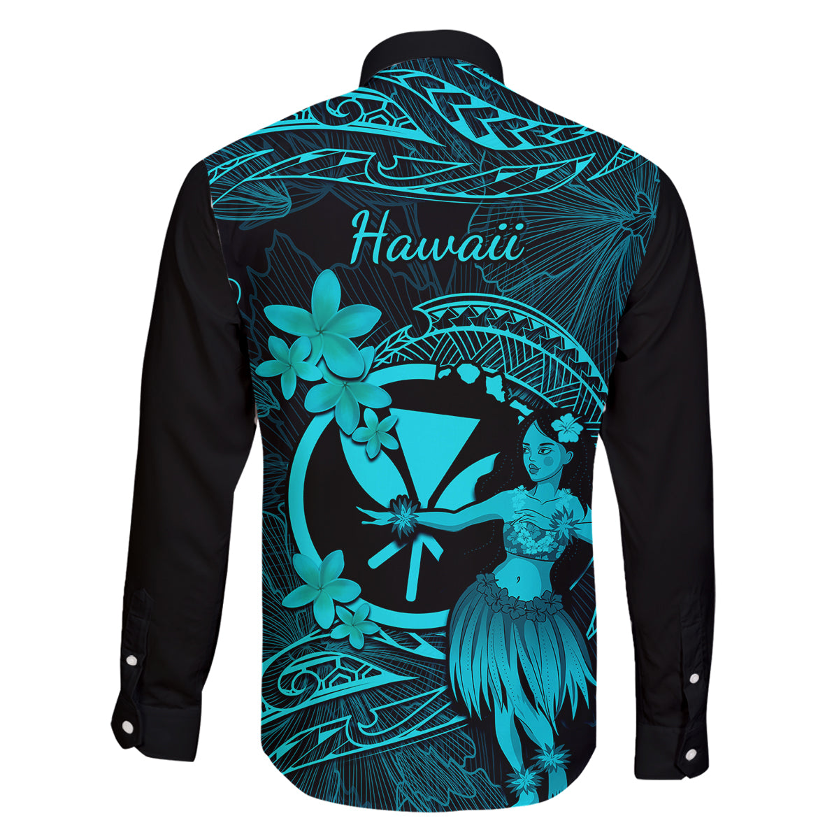 Hawaii Family Matching Long Sleeve Bodycon Dress and Hawaiian Shirt Hula Girl Mix Polynesian Plumeria Turquoise Version LT14 - Polynesian Pride