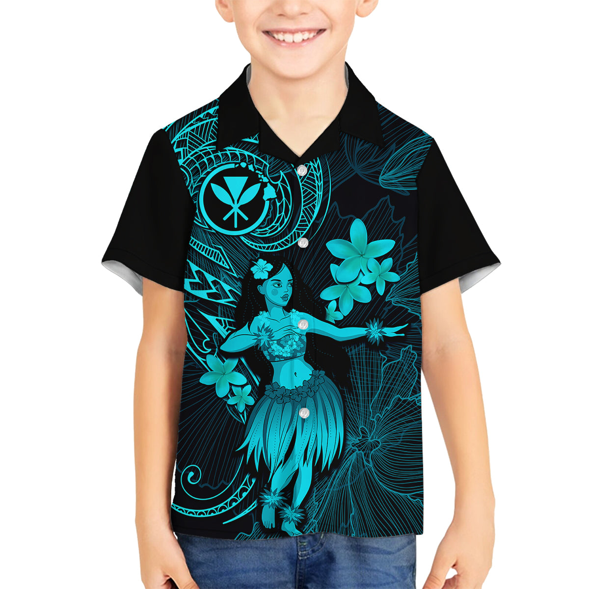 Hawaii Family Matching Long Sleeve Bodycon Dress and Hawaiian Shirt Hula Girl Mix Polynesian Plumeria Turquoise Version LT14 Son's Shirt Turquoise - Polynesian Pride