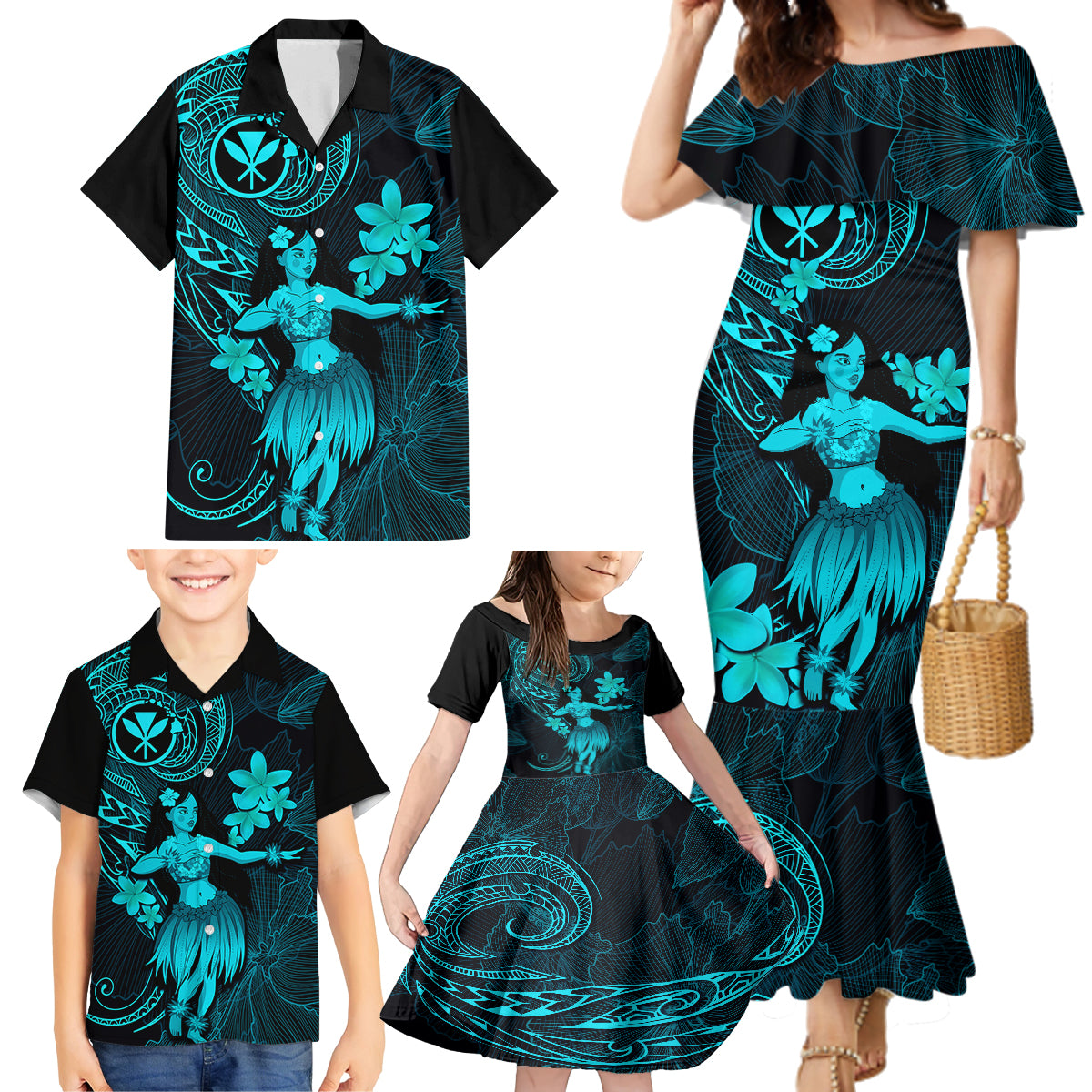 Hawaii Family Matching Mermaid Dress and Hawaiian Shirt Hula Girl Mix Polynesian Plumeria Turquoise Version LT14 - Polynesian Pride