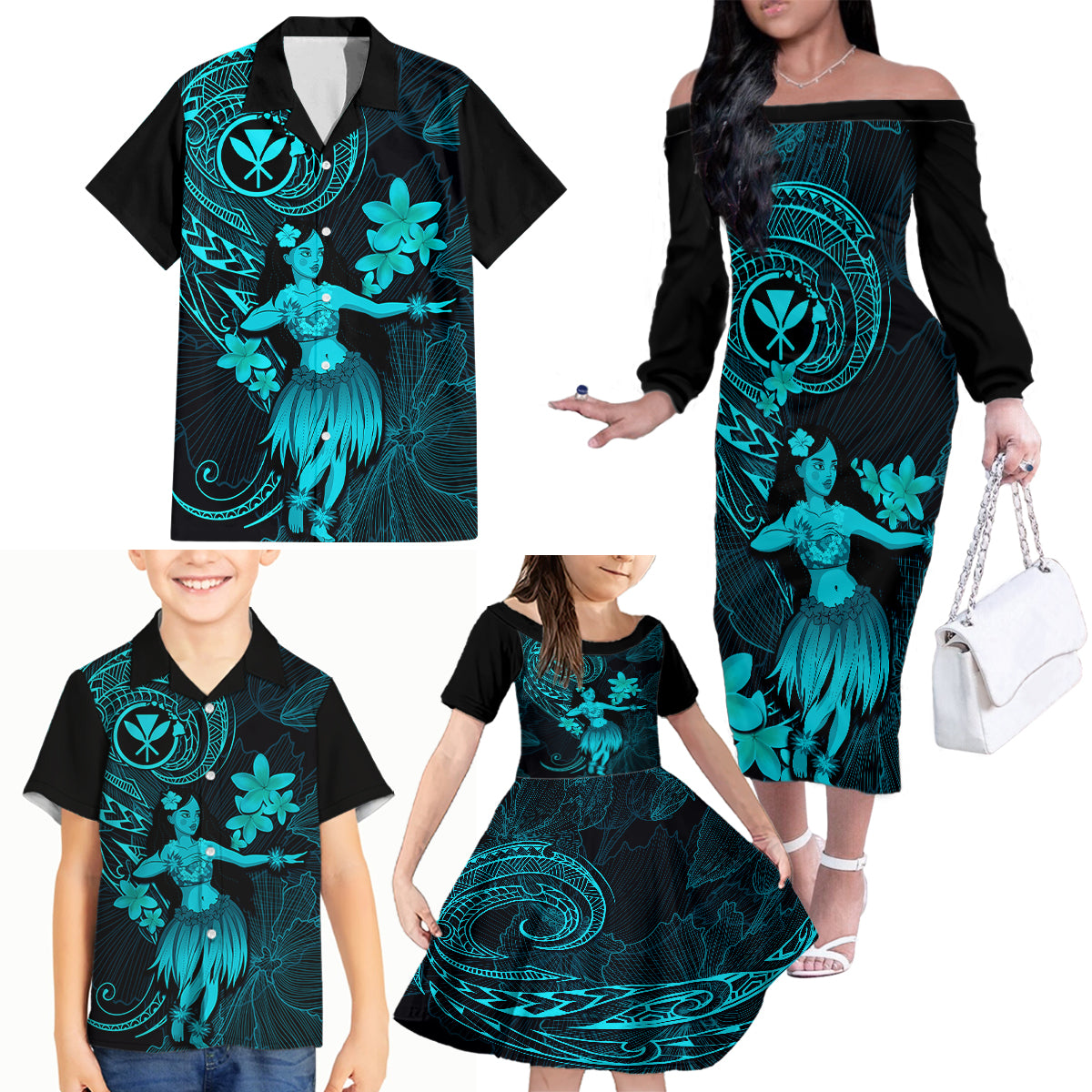 Hawaii Family Matching Off Shoulder Long Sleeve Dress and Hawaiian Shirt Hula Girl Mix Polynesian Plumeria Turquoise Version LT14 - Polynesian Pride