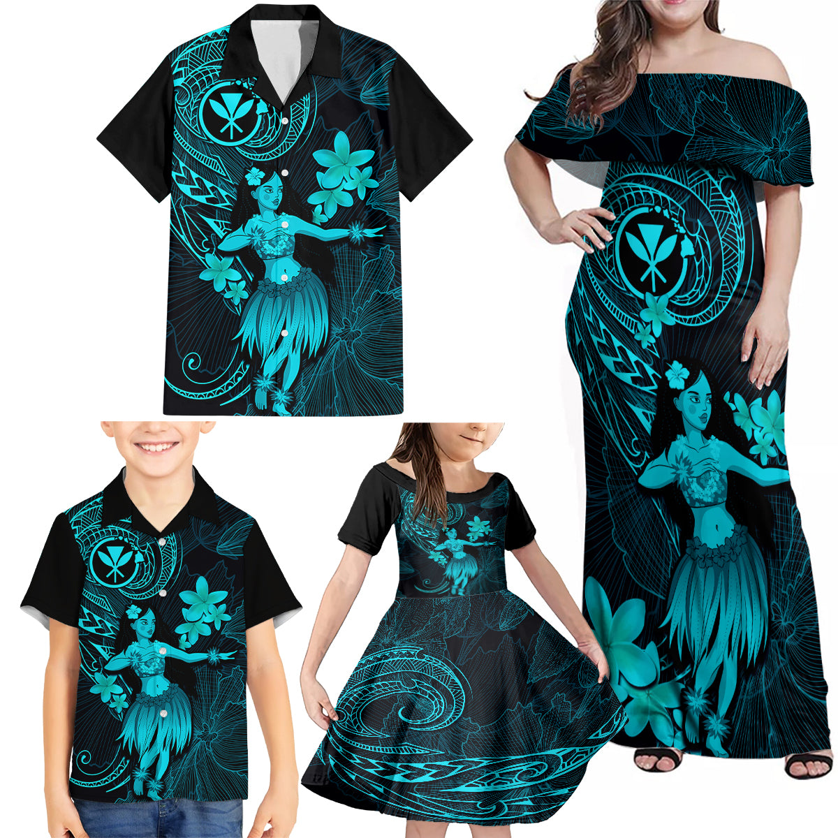 Hawaii Family Matching Off Shoulder Maxi Dress and Hawaiian Shirt Hula Girl Mix Polynesian Plumeria Turquoise Version LT14 - Polynesian Pride