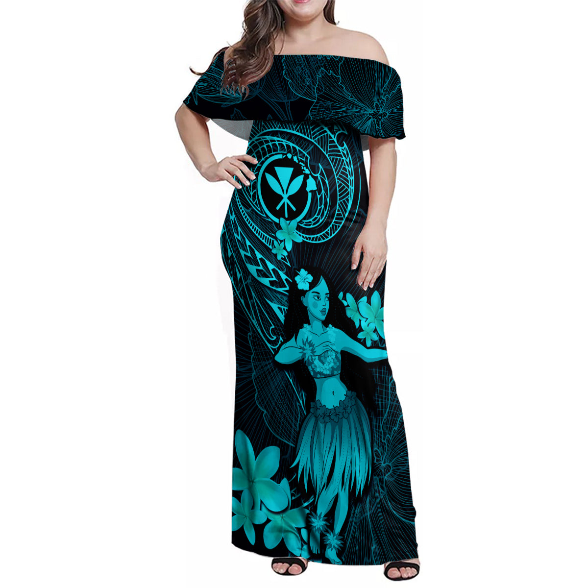 Hawaii Family Matching Off Shoulder Maxi Dress and Hawaiian Shirt Hula Girl Mix Polynesian Plumeria Turquoise Version LT14 Mom's Dress Turquoise - Polynesian Pride