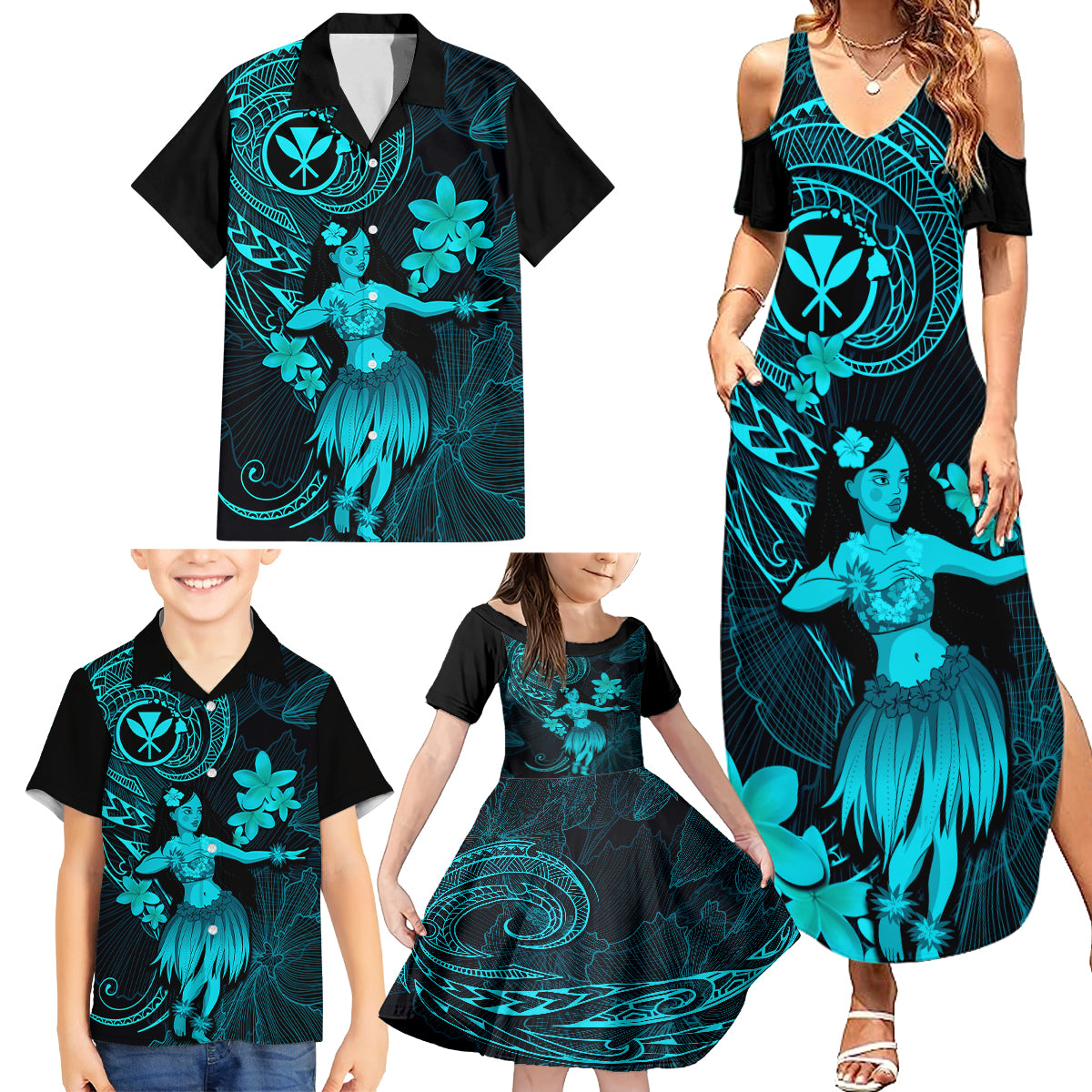 Hawaii Family Matching Summer Maxi Dress and Hawaiian Shirt Hula Girl Mix Polynesian Plumeria Turquoise Version LT14 - Polynesian Pride