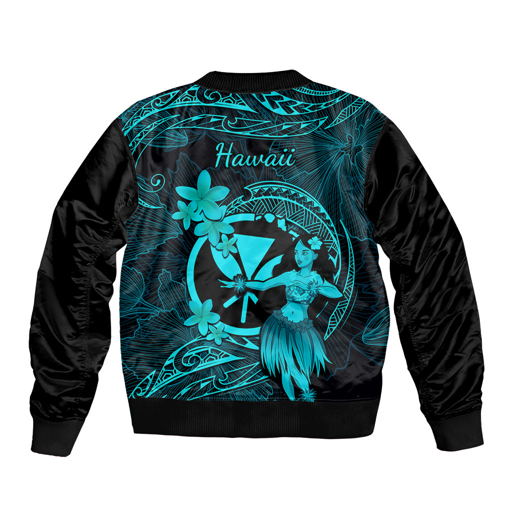 Hawaii Sleeve Zip Bomber Jacket Hula Girl Mix Polynesian Plumeria Turquoise Version LT14 - Polynesian Pride