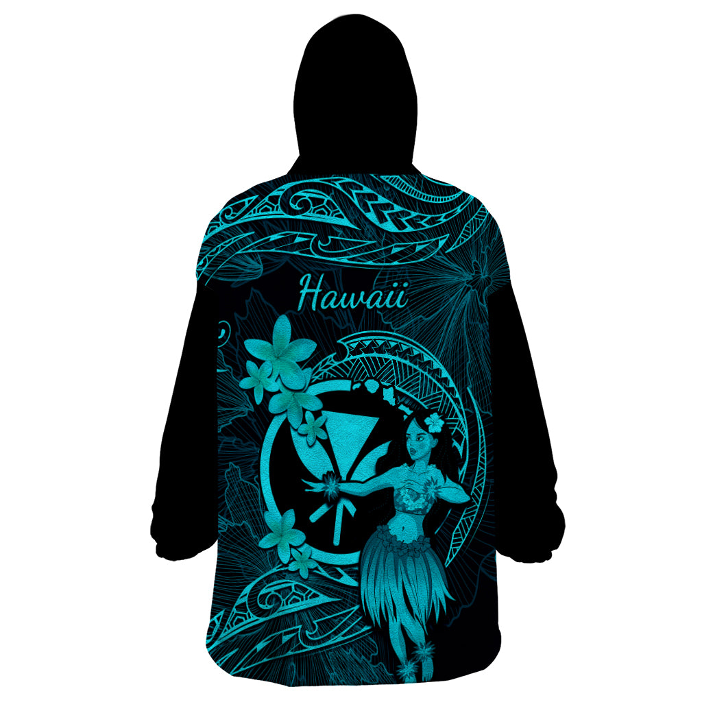 Hawaii Wearable Blanket Hoodie Hula Girl Mix Polynesian Plumeria Turquoise Version LT14 - Polynesian Pride