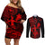 Hawaii Couples Matching Off Shoulder Short Dress and Long Sleeve Button Shirts Hula Girl Mix Polynesian Plumeria Red Version LT14 Red - Polynesian Pride
