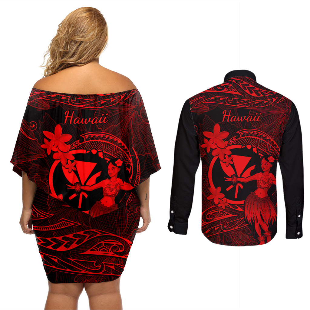 Hawaii Couples Matching Off Shoulder Short Dress and Long Sleeve Button Shirts Hula Girl Mix Polynesian Plumeria Red Version LT14 - Polynesian Pride