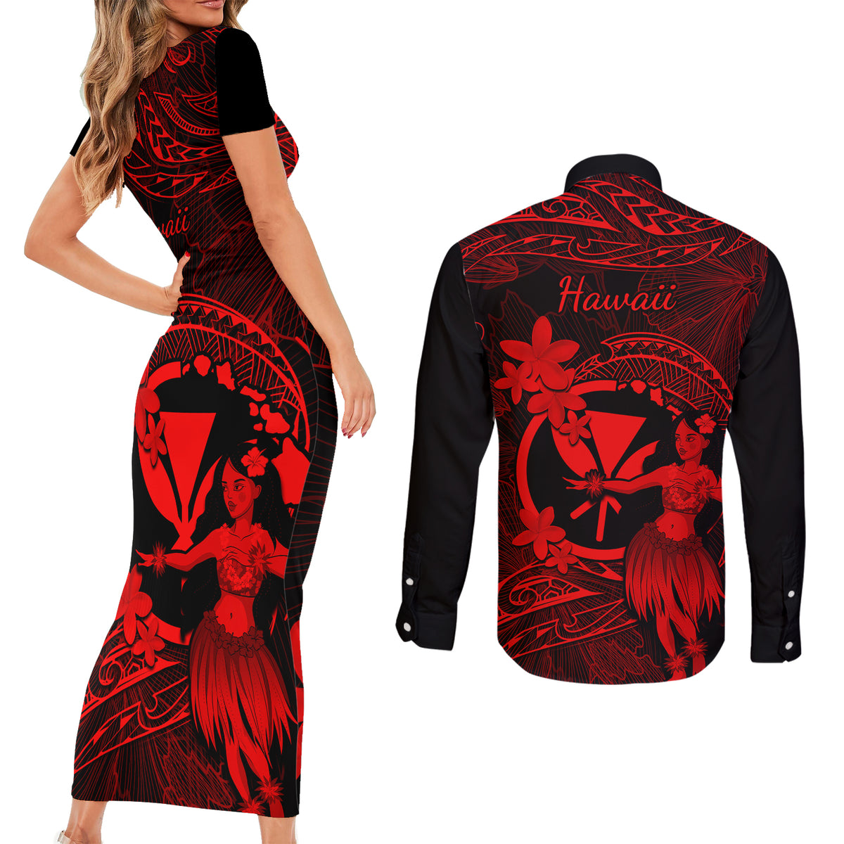 Hawaii Couples Matching Short Sleeve Bodycon Dress and Long Sleeve Button Shirts Hula Girl Mix Polynesian Plumeria Red Version LT14 - Polynesian Pride
