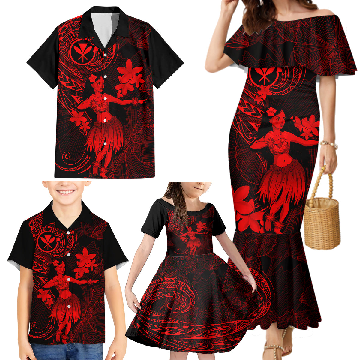 Hawaii Family Matching Mermaid Dress and Hawaiian Shirt Hula Girl Mix Polynesian Plumeria Red Version LT14 - Polynesian Pride