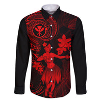 Hawaii Family Matching Off Shoulder Maxi Dress and Hawaiian Shirt Hula Girl Mix Polynesian Plumeria Red Version LT14 Dad's Shirt - Long Sleeve Red - Polynesian Pride