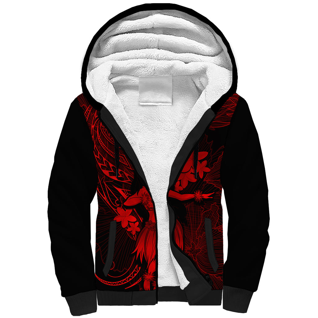Hawaii Sherpa Hoodie Hula Girl Mix Polynesian Plumeria Red Version LT14 Unisex Red - Polynesian Pride