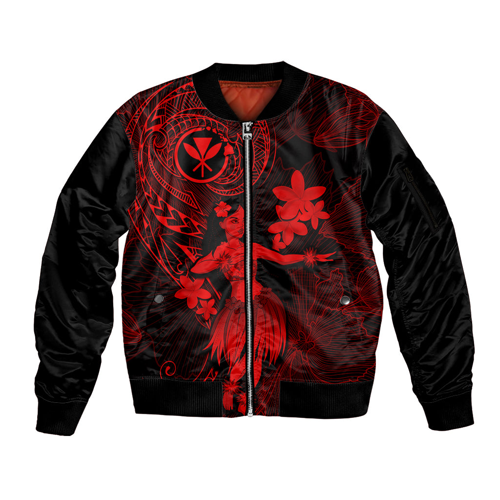 Hawaii Sleeve Zip Bomber Jacket Hula Girl Mix Polynesian Plumeria Red Version LT14 Unisex Red - Polynesian Pride