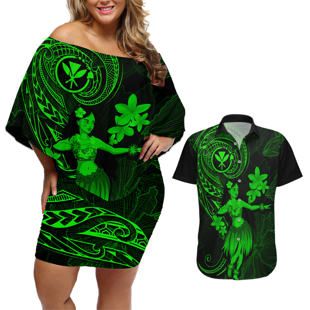 Hawaii Couples Matching Off Shoulder Short Dress and Hawaiian Shirt Hula Girl Mix Polynesian Plumeria Green Version LT14 Green - Polynesian Pride