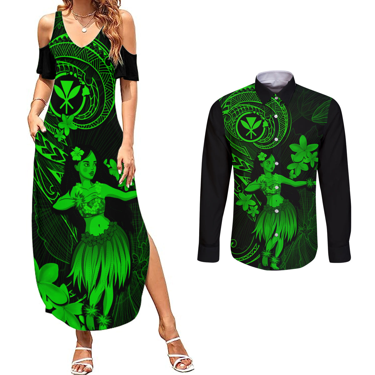 Hawaii Couples Matching Summer Maxi Dress and Long Sleeve Button Shirts Hula Girl Mix Polynesian Plumeria Green Version LT14 Green - Polynesian Pride