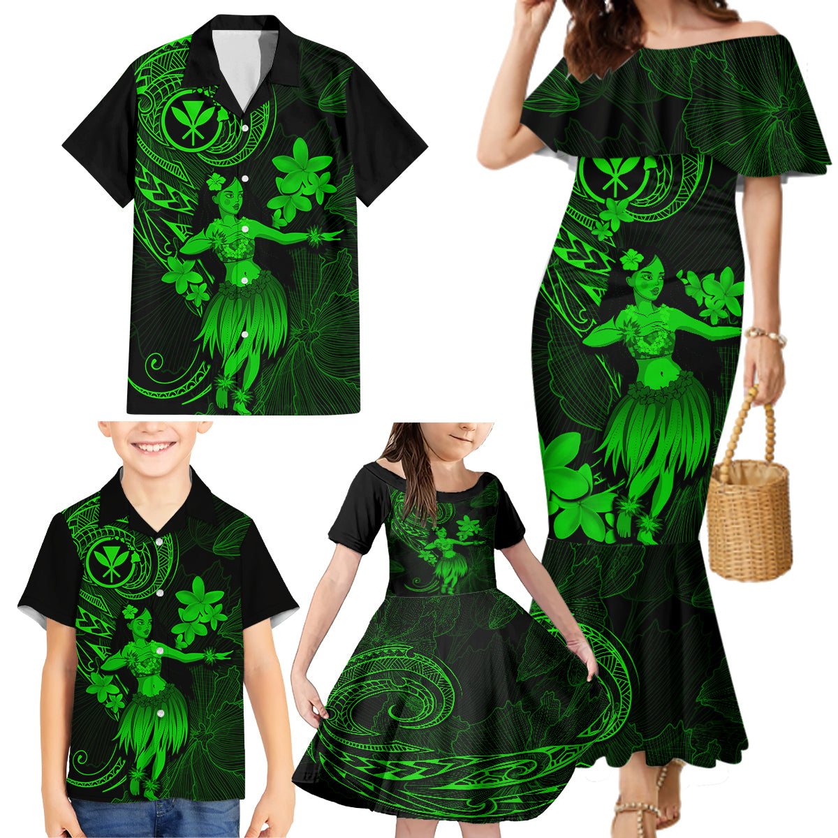 Hawaii Family Matching Mermaid Dress and Hawaiian Shirt Hula Girl Mix Polynesian Plumeria Green Version LT14 - Polynesian Pride